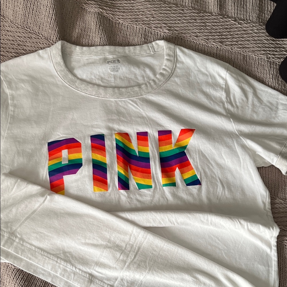 PINK Victoria's Secret White Tee with Rainbow Letters